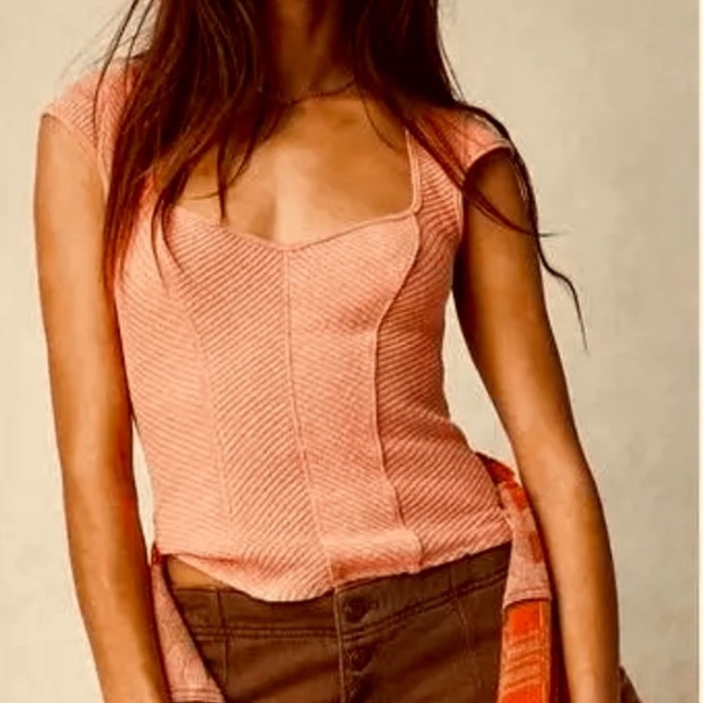 Free People XL coral Boss Babe sleeveless ribbed knit sweetheart scoop neck top